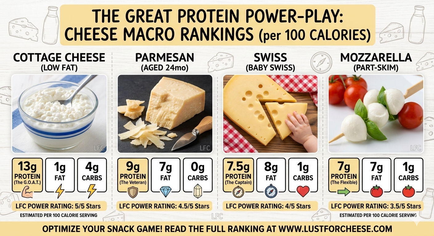 An infographic titled 'THE GREAT PROTEIN POWER-PLAY' showing protein, fat, and carb rankings for Cottage Cheese, Parmesan, and Swiss per 100 calories.