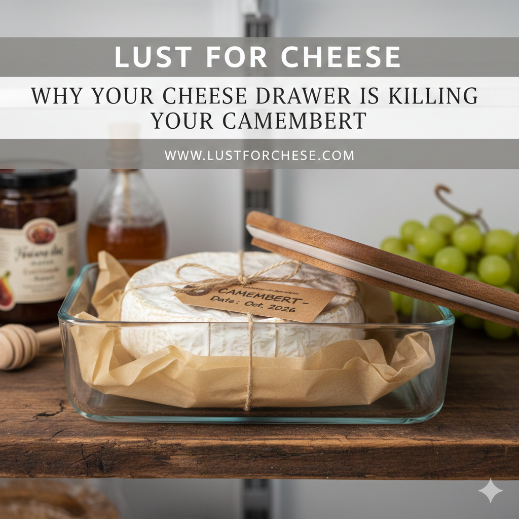 A wheel of Camembert wrapped in parchment paper inside a glass container on a refrigerator shelf.